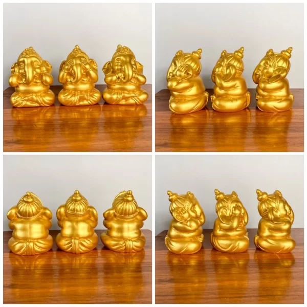 Tượng Thần Ganesha Trí Tuệ – Phiên bản Tam Không (Không nghe, không thấy, không nói) – Mạ vàng lá thật – Kích thước 9 cm - Ảnh 2