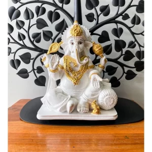 Tượng thần Ganesha – Dáng ban phước chiêu tài – Màu trắng vàng cổ điển