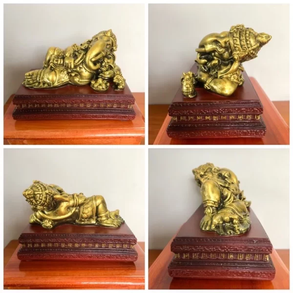 Tượng Phật Ganesha Phong Thái “Nằm Thư Giãn” – Màu Vàng Tài Lộc – Đế Gỗ Tự Nhiên - Ảnh 3