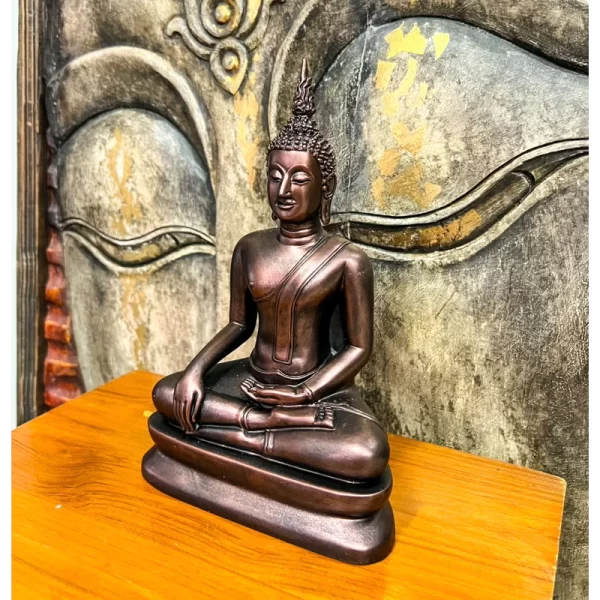 Tượng Phật Sukhothai – Dáng Sạ Dũng Ma & Ma Ra Vi Chai – Sơn màu nâu đỏ cổ điển – Mặt đế 5 inch - Ảnh 2
