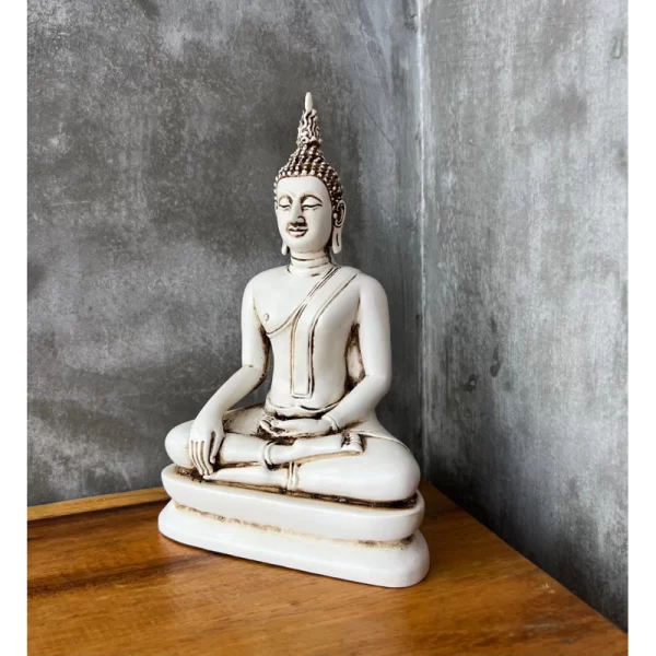 Tượng Phật Sukhothai – Dáng Sạ Dũng Ma & Ma Ra Vi Chai – Màu trắng cổ điển – Mặt đế 5 inch - Ảnh 3