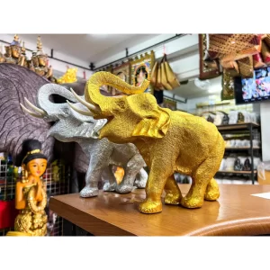 Tượng voi phong thủy – Chất liệu resin – Màu vàng & bạc – Kích thước lớn 10×26×21.5 cm
