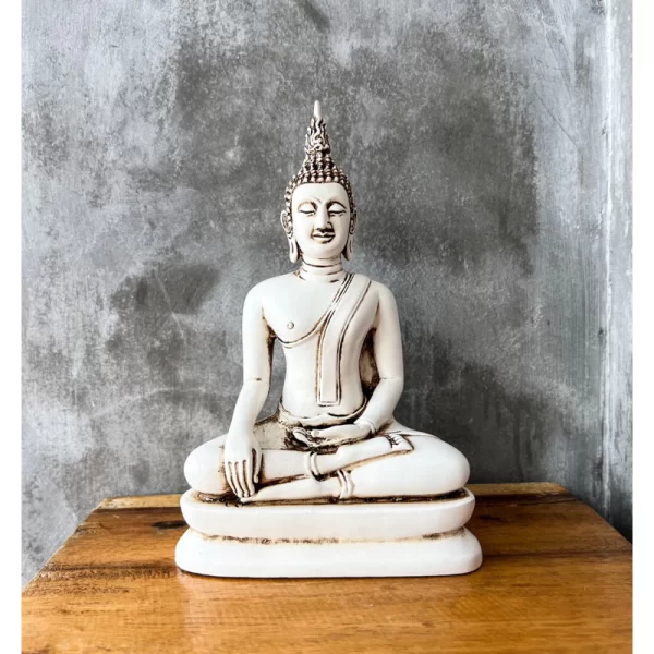 Tượng Phật Sukhothai – Dáng Sạ Dũng Ma & Ma Ra Vi Chai – Màu trắng cổ điển – Mặt đế 5 inch - Ảnh 6