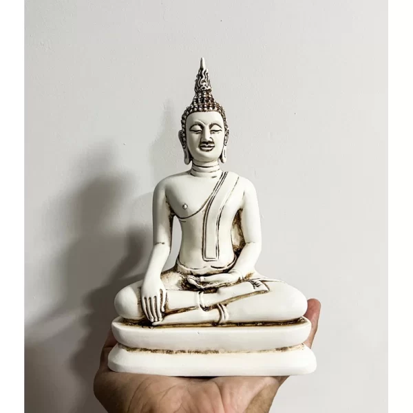 Tượng Phật Sukhothai – Dáng Sạ Dũng Ma & Ma Ra Vi Chai – Màu trắng cổ điển – Mặt đế 5 inch