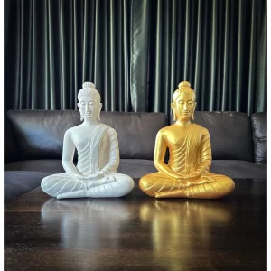 Tượng Phật Thích Ca – Phật Tọa Thiền (Phật Thành Đạo) – Màu Trắng Ngà & Vàng Kim – Mặt Đế 9 inch – Cao 27.5 cm