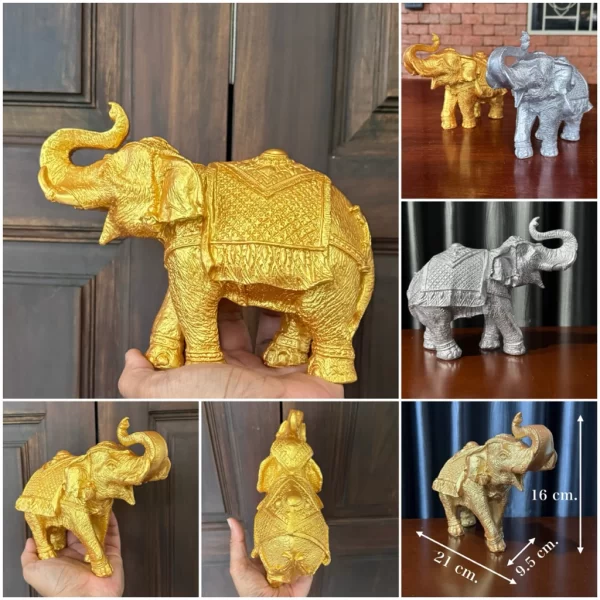 Tượng Chú Voi Trang Trí – Chú Voi Thái Lan Chạm Khắc Hoa Văn – Màu Vàng & Bạc – Mặt Đế 9.5×21×16 cm - Ảnh 5