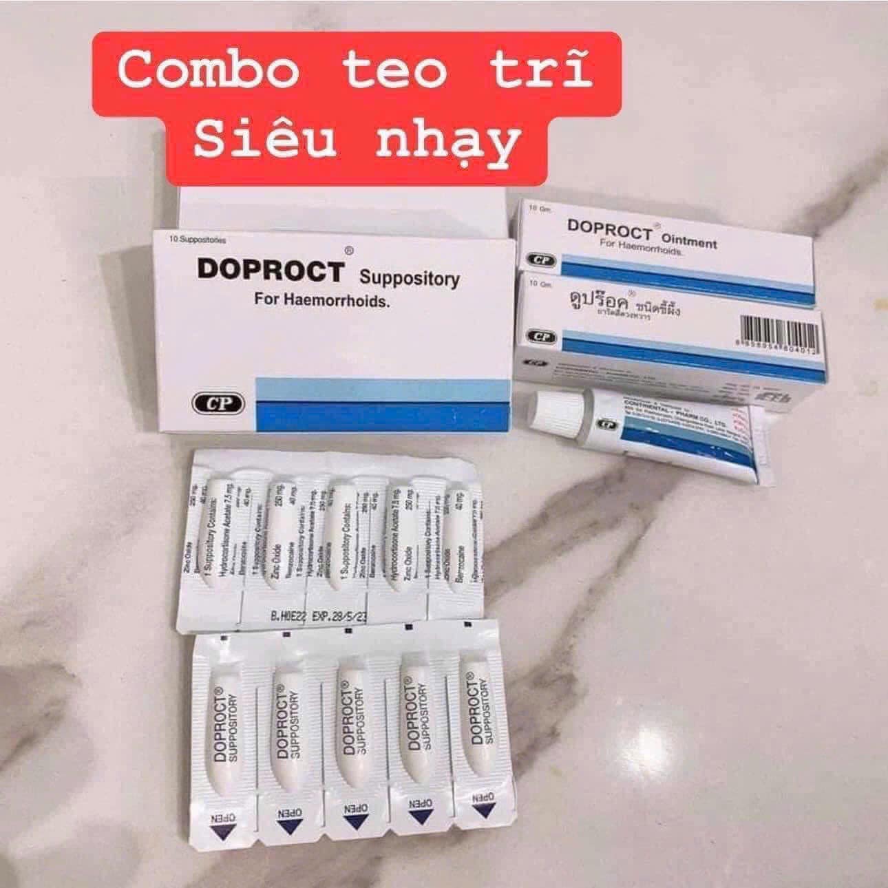 Thuốc đặt Doproct Suppository (hộp 10 viên) và Kem bôi Doproct Ointment (tuýp 10g).