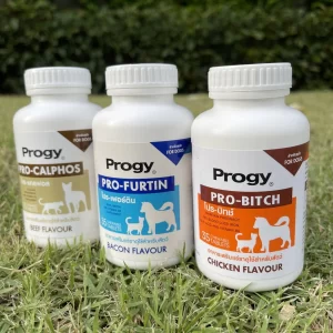 bộ ba thực phẩm bổ sung dinh dưỡng cao cấp dạng viên nhai (Chewable Tablets) của thương hiệu Progy, được nghiên cứu và thiết kế chuyên sâu dành riêng cho chó (For Dogs)