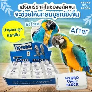 Đá khoáng mài mỏ cao cấp Hygro Tonic Block, một giải pháp bổ sung vi chất dinh dưỡng thiết yếu dạng khối đặc chuyên dụng cho các loài vẹt (từ vẹt nhỏ như Cockatiel đến vẹt lớn như Macaw) và chim cảnh