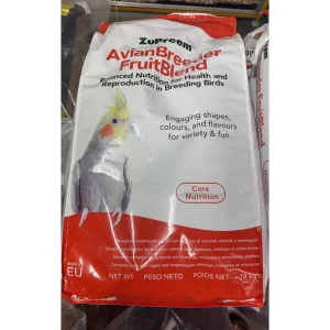 ZuPreem AvianBreeder FruitBlend (bao lớn 18kg), một dòng thức ăn dinh dưỡng cao cấp chuyên dụng cho các loài chim vẹt trong giai đoạn sinh sản và nuôi con.