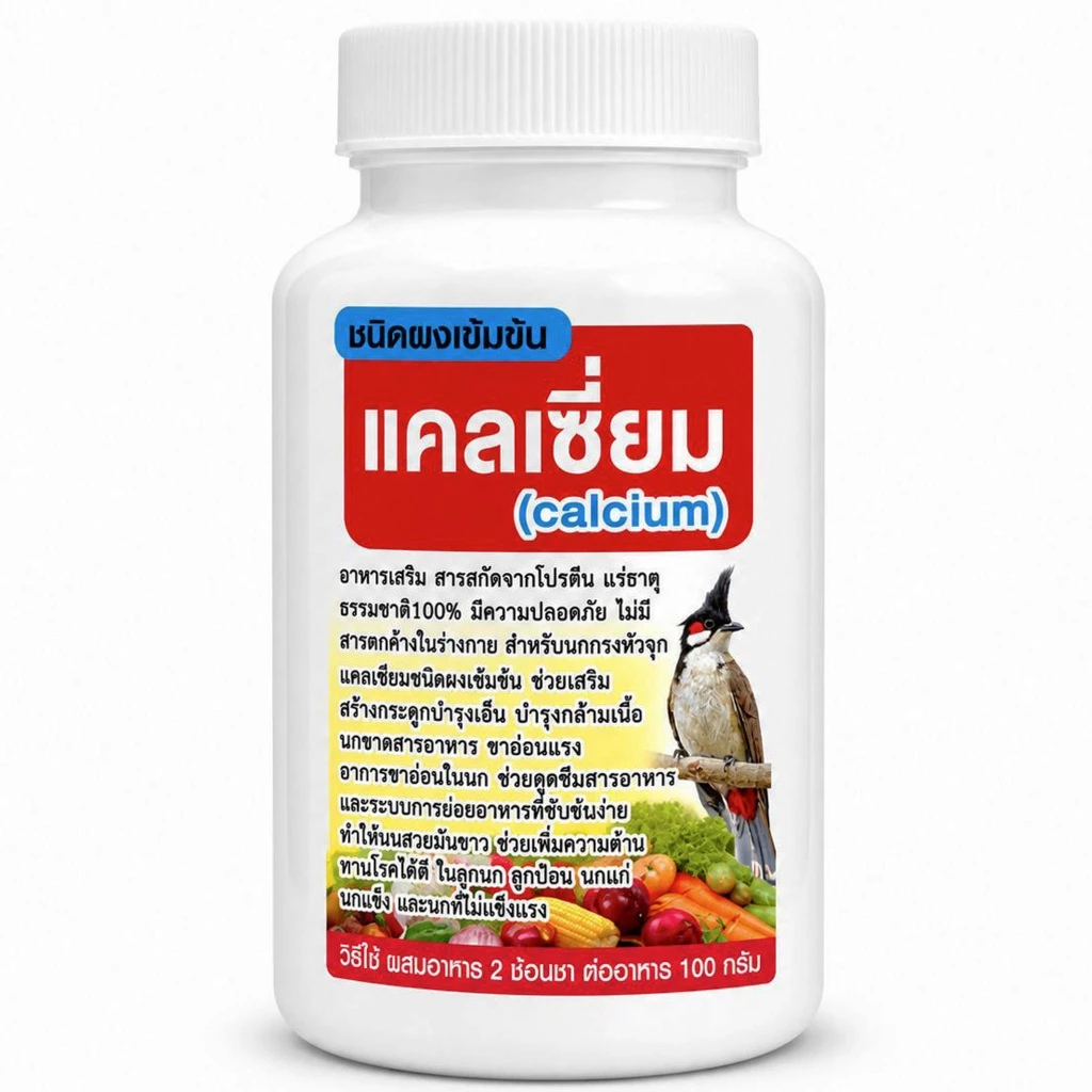 Canxi bột đậm đặc cho chim cảnh (แคลเซียมผงเข้มข้น), một dòng thực phẩm bổ sung dinh dưỡng cao cấp chuyên dụng cho chim chào mào, chim non đút tay, chim sinh sản