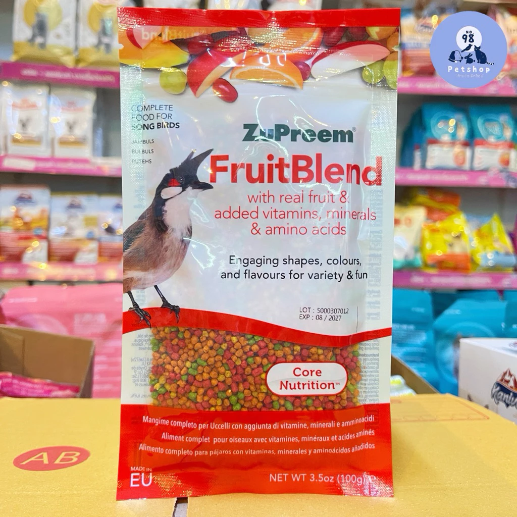 ZuPreem FruitBlend (Core Nutrition) gói nhỏ dung tích 100g, một dòng thức ăn dinh dưỡng hằng ngày cao cấp được thiết kế riêng cho các loài chim hót và chim cảnh cỡ nhỏ